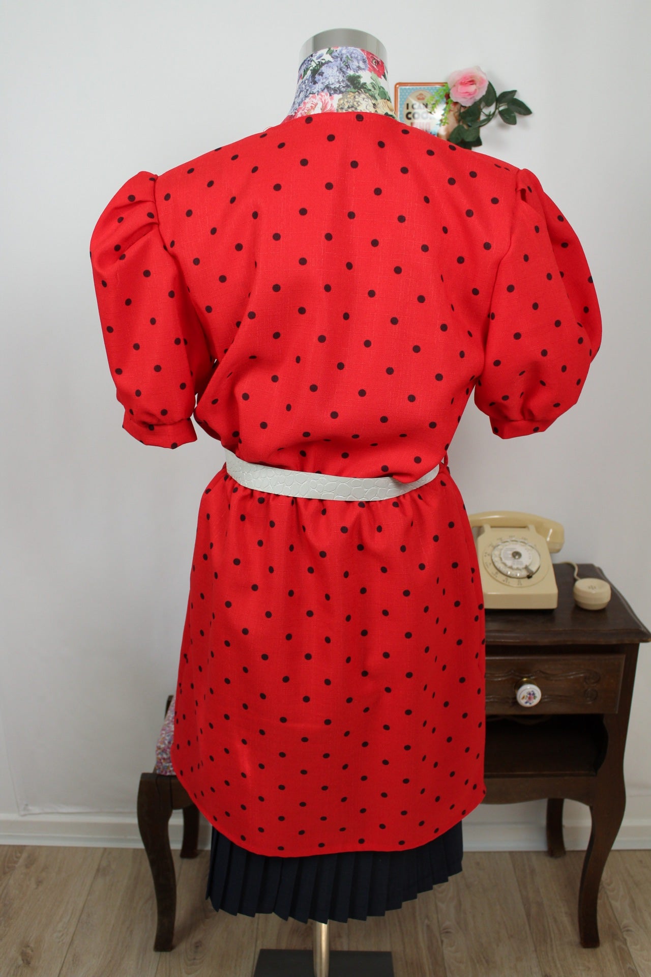🌸🍒Robe vintage 80's rouge à pois - manches bouffantes & jupon intégré esprit 50's - Taille 38/40🍒🌸