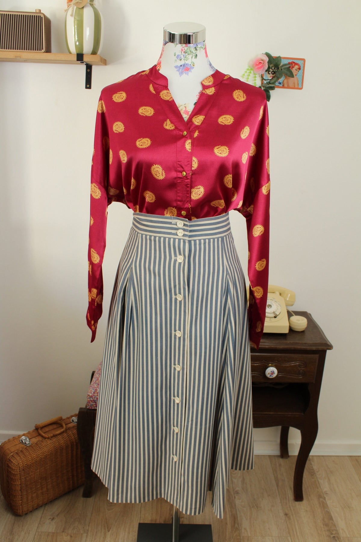 Jupe midi Navy vintage années 90 esprit marin à rayures en lin - Taille 42