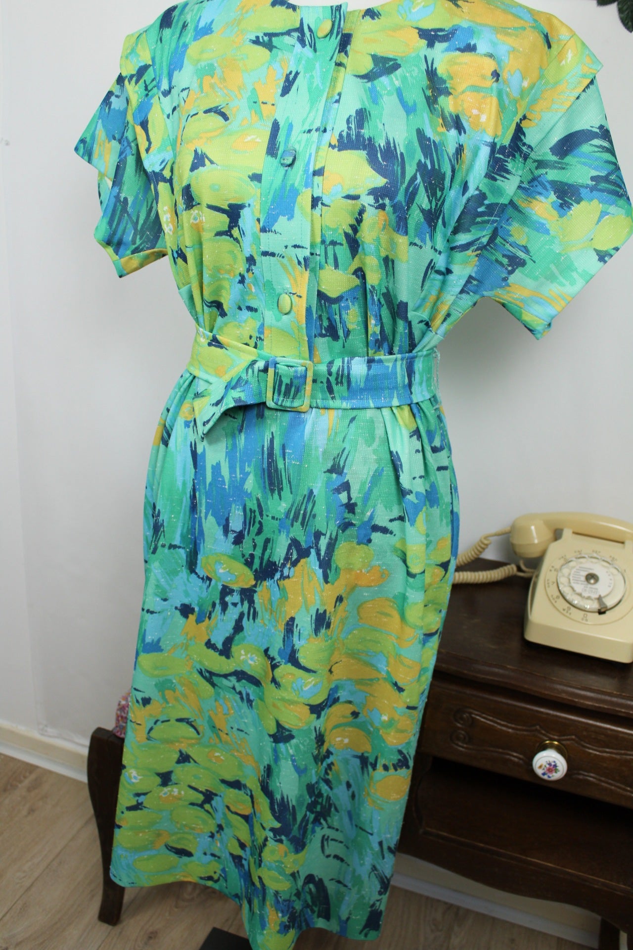 🌸🍒Robe verte vintage 80's arty esprit coups de pinceau Picasso et ceinture - Taille 42/44🍒🌸