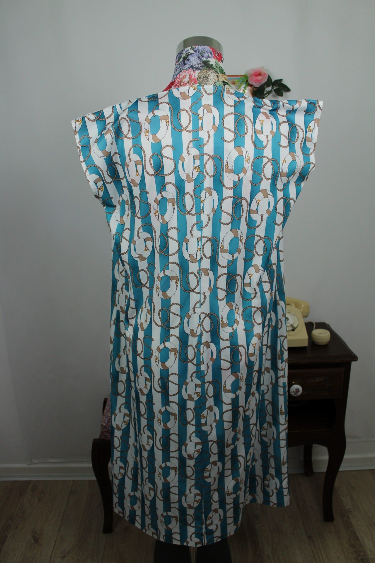 🌸🍒Robe vintage 80's Navy rayures turquoises & motifs nautiques - Taille 38 à 42🍒🌸