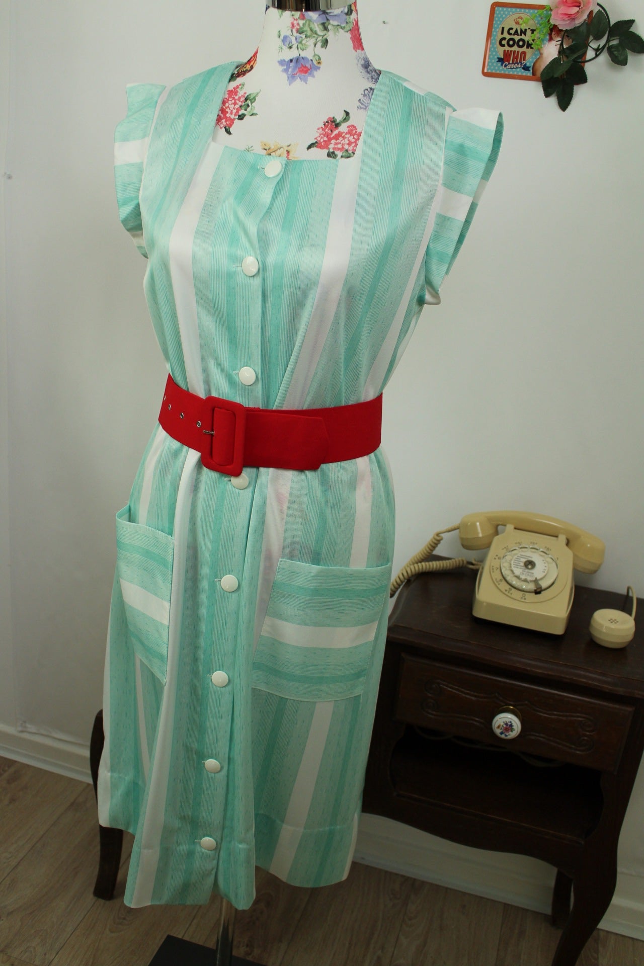 🌸🍒Robe vintage 80/90s rayée vert menthe - Taille 40/42🍒🌸