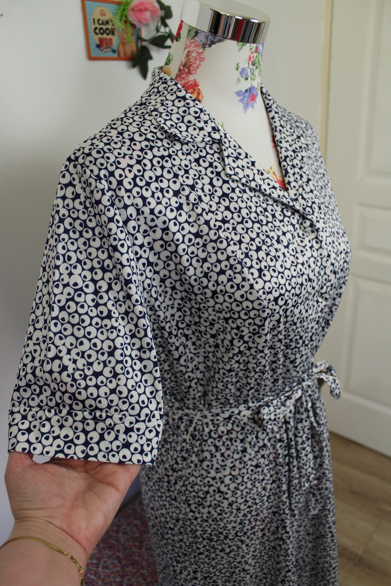 🍒🌸Robe chemisier vintage 80s à pois bleu marine - pin-up chic à la française - Taille 40/42🌸🍒