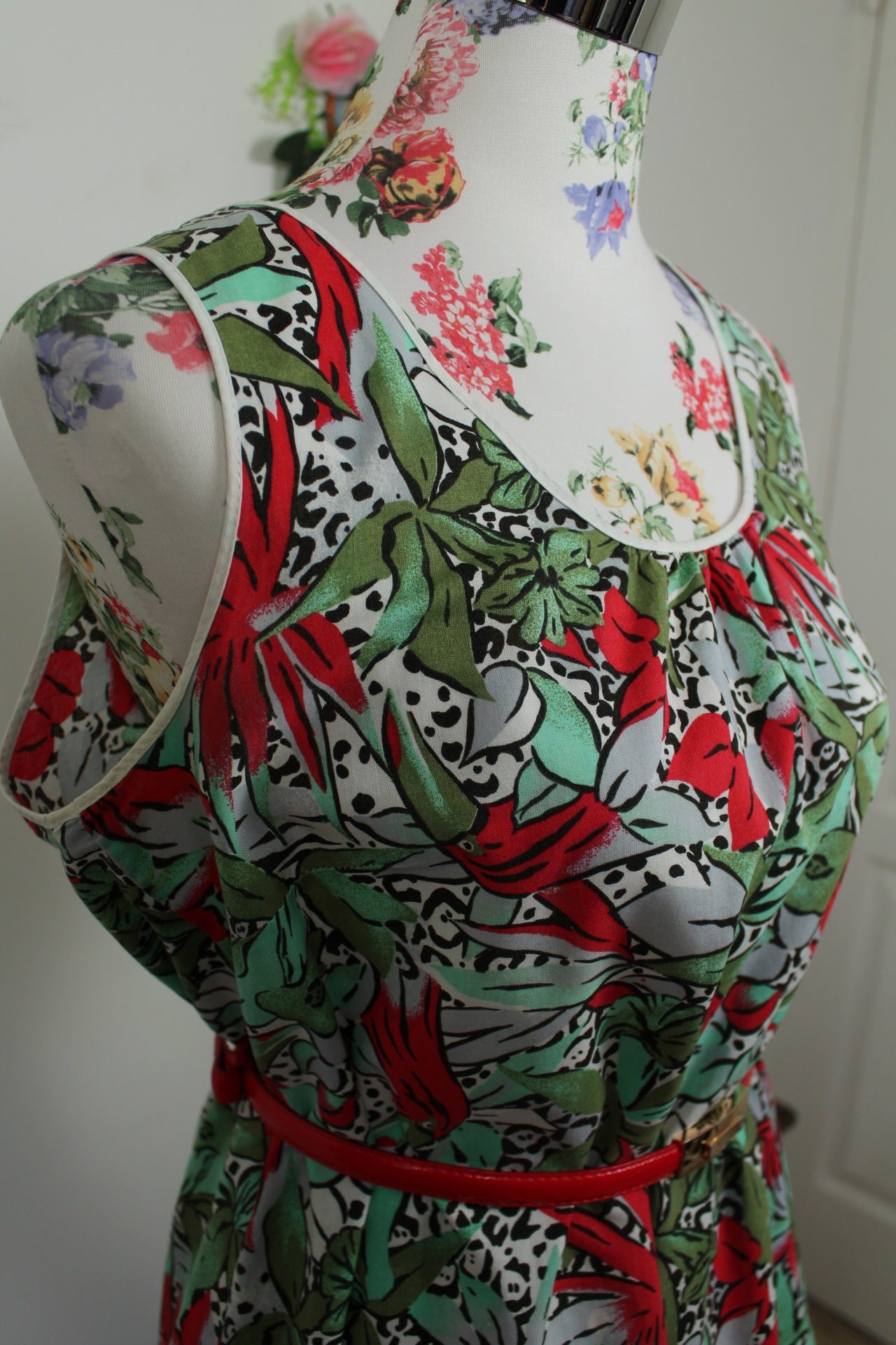 🌸🍒Robe vintage 80/90's imprimée jungle & oiseaux - pin-up des tropiques - Taille 40/42🍒🌸