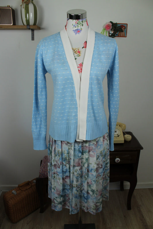 Cardigan pull vintage années 80 bleu ciel pep's à pois blanc - Taille 38