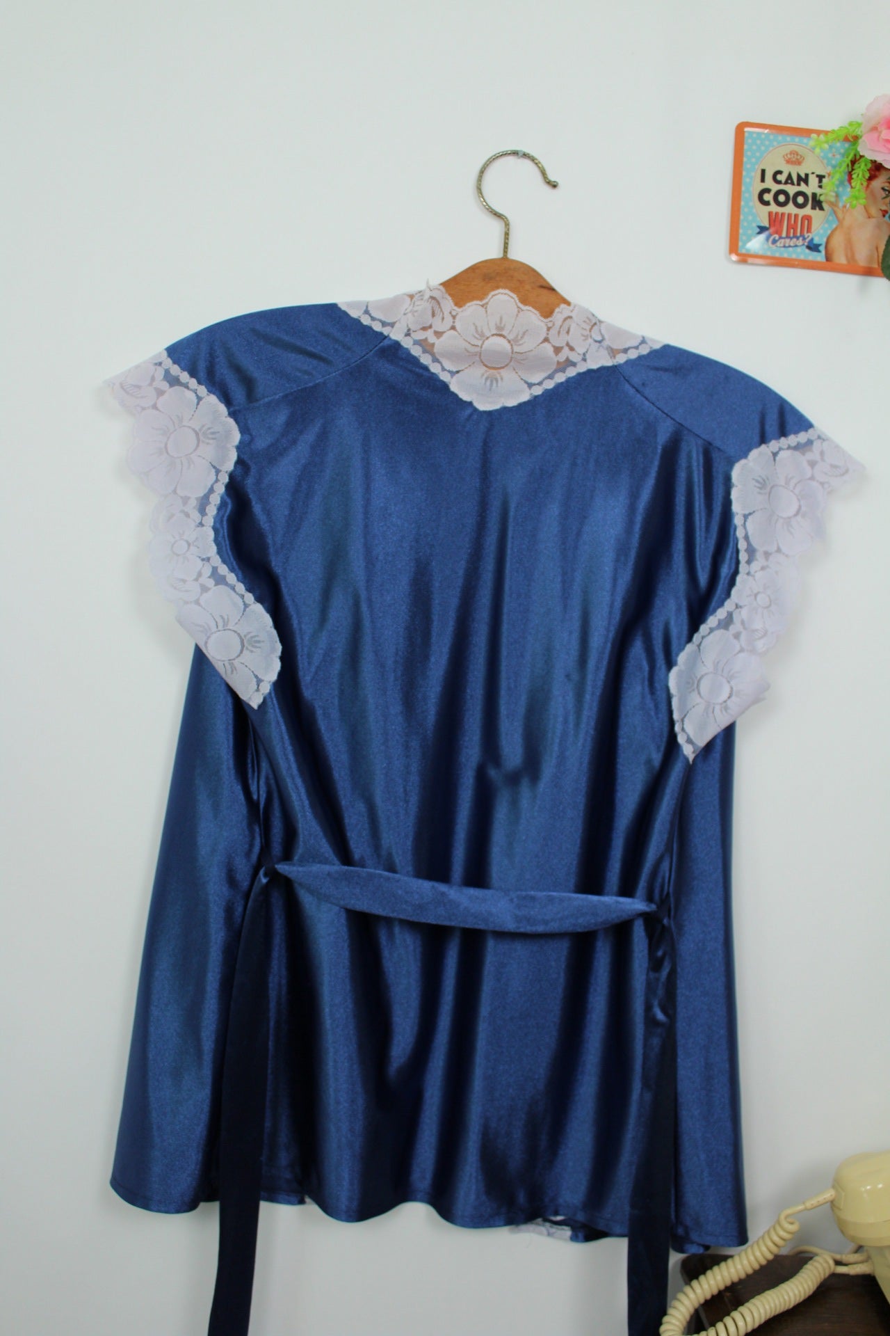 🌸🍒Caraco vintage 70/80's satiné bleu nuit - made in England - Taille 34/36🍒🌸