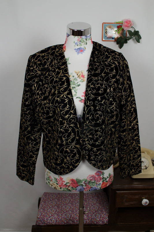 🌸🍒Veste vintage 80's velours noir & broderies or - Taille 38🍒🌸
