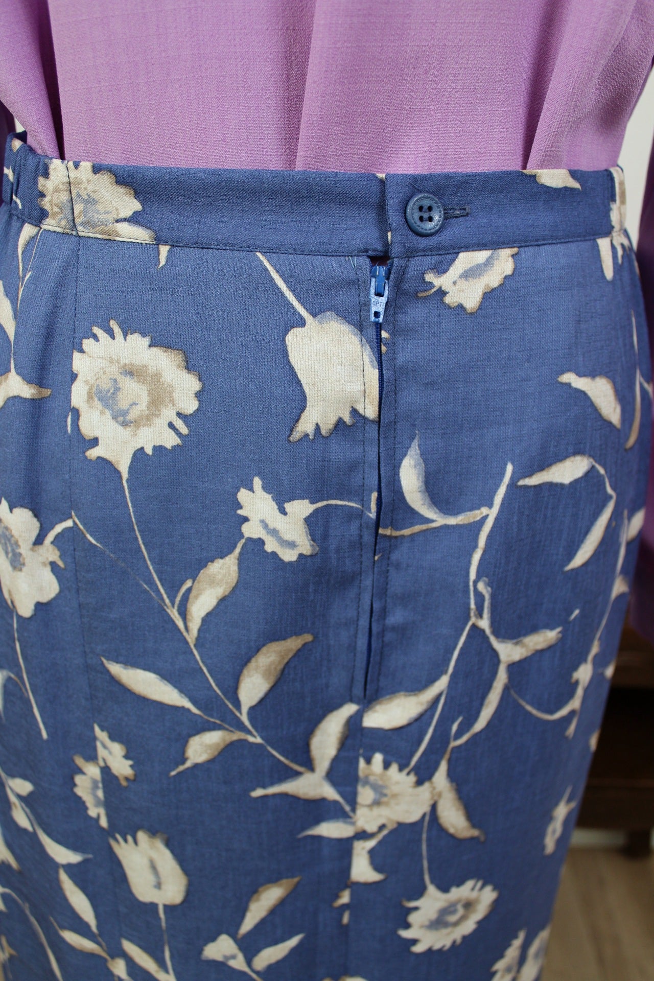 🍒🌸Jupe vintage 80's fleurie bleue et crème - Taille 38🌸🍒