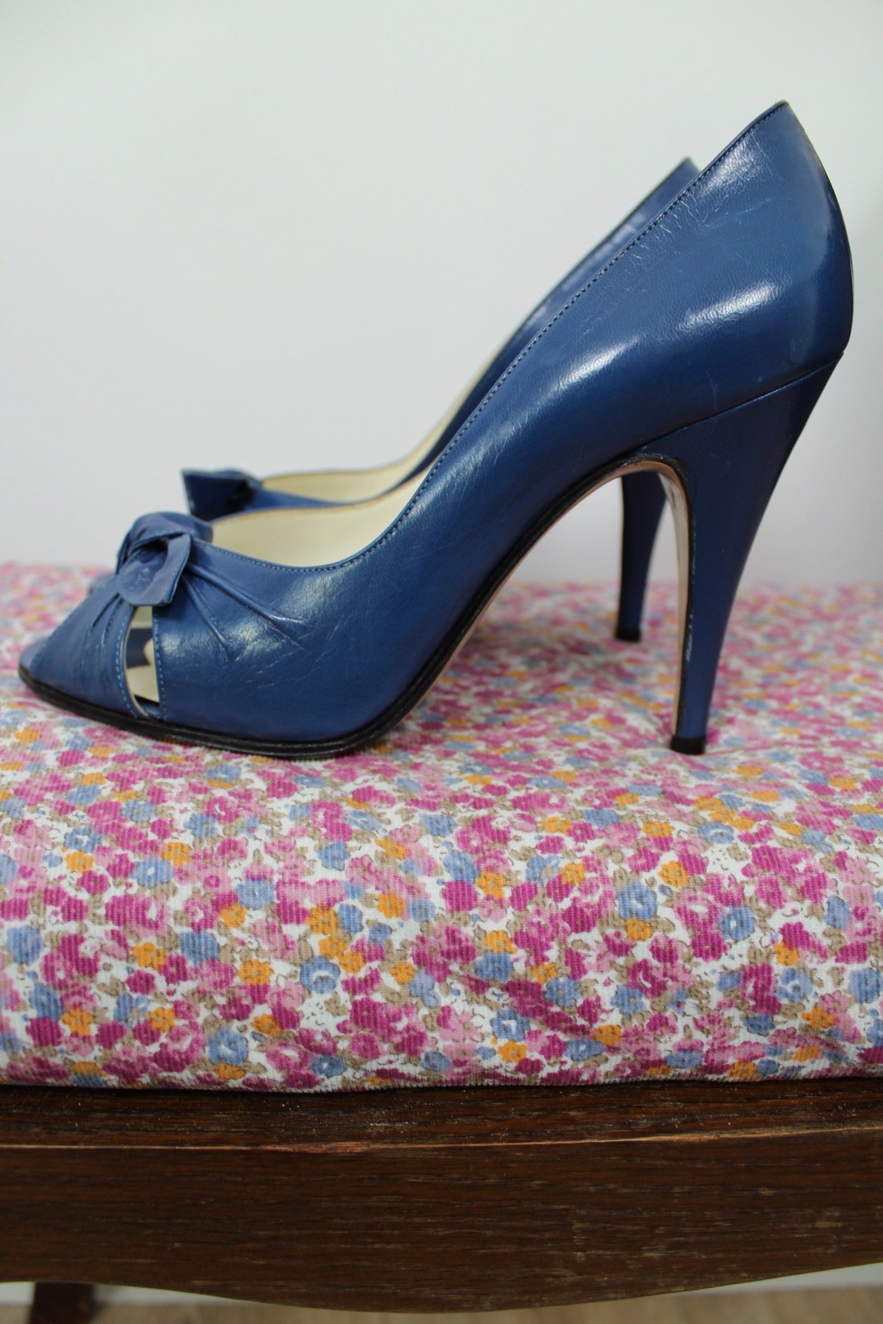 🌸🍒Escarpins vintage 80/90's bleu bout ouvert peep toe & nœud - cuir véritable - pointure 38🍒🌸