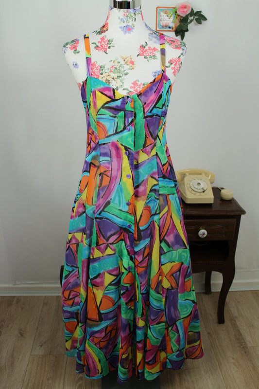 🌸🍒Robe longue vintage 80/90's imprimé abstrait multicolore pep's style arty - Taille 34/36🍒🌸