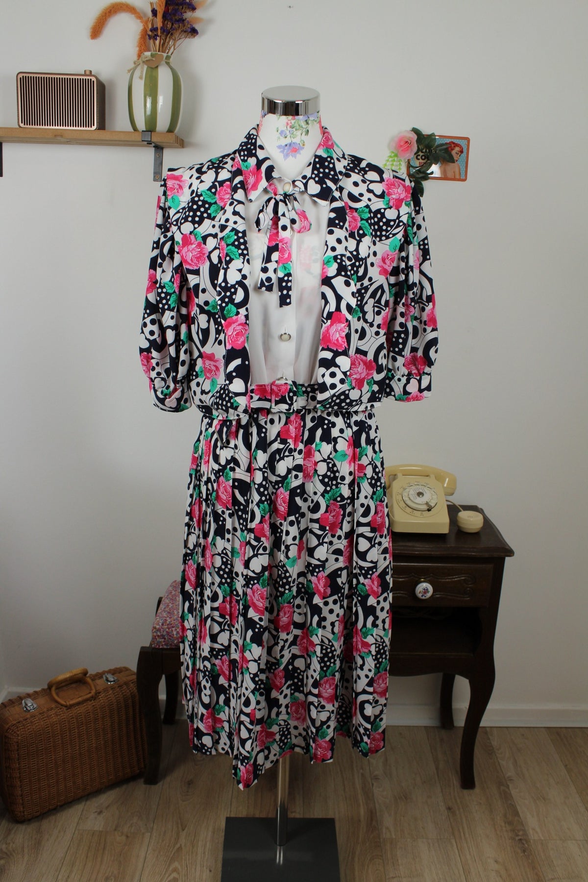 Robe vintage années 80 roses, pois & trèfles - boléro inclus - Taille 46/48