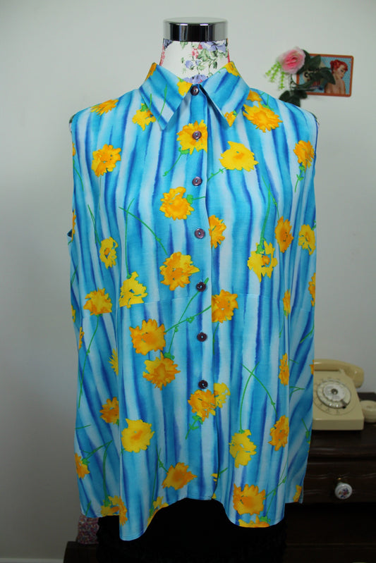 🌸🍒Chemisier d'été vintage 90's sans manches bleu & fleurs jaunes pep's - Taille 44🍒🌸