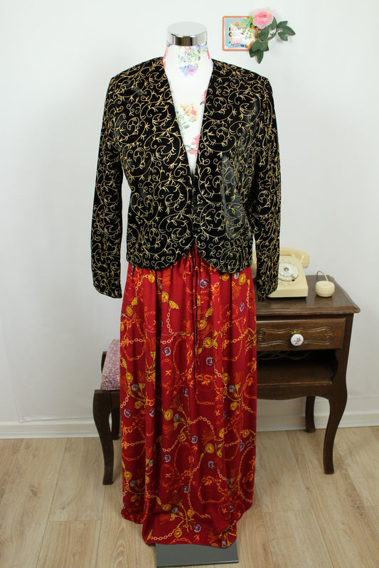 🌸🍒Veste vintage 80's velours noir & broderies or baroque - Taille 38/40🍒🌸