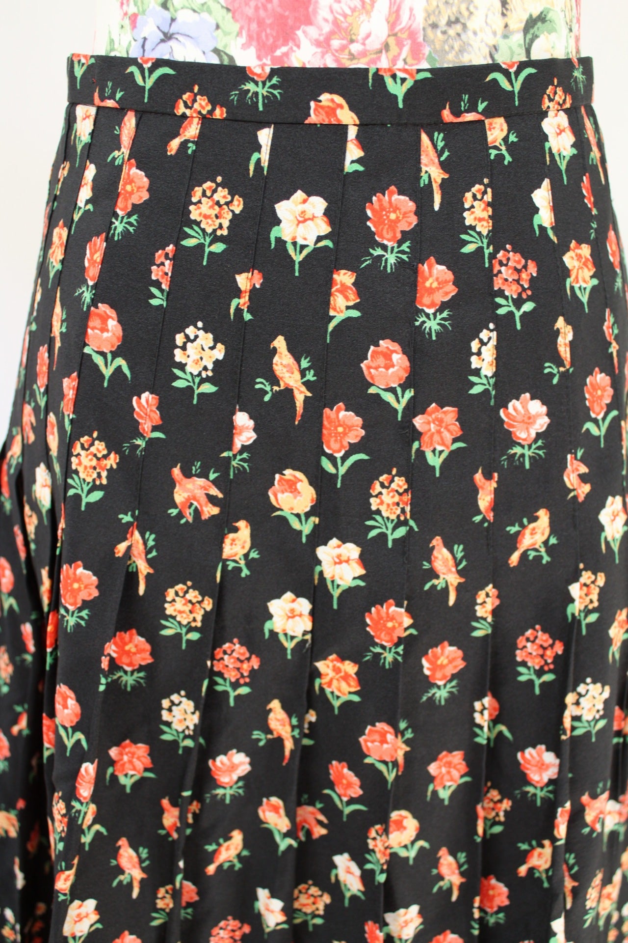 🌸🍒Jupe plissée vintage 70's romantique oiseaux & fleurs - Taille 36🍒🌸