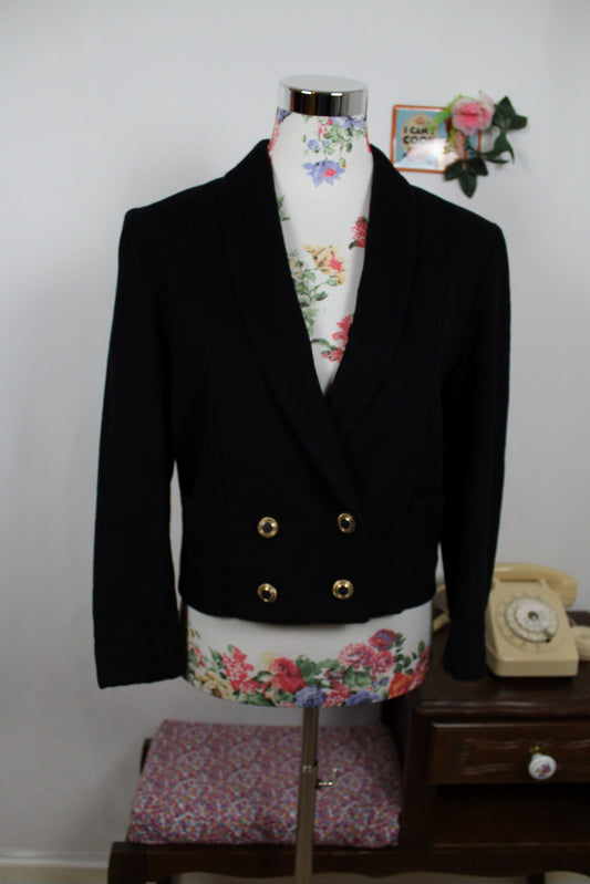 🌸🍒Blazer noir vintage 80's en pure laine d'agneau - boutons dorés - Taille 38🍒🌸