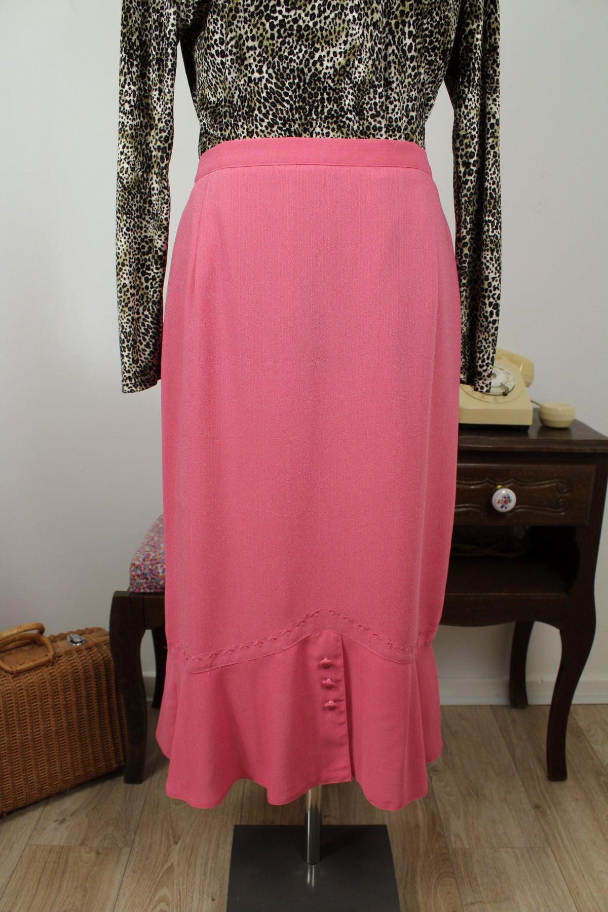 Jupe longue vintage années 80/90 Caty Jane - rose poudré, broderies & boutons - Taille 40/42