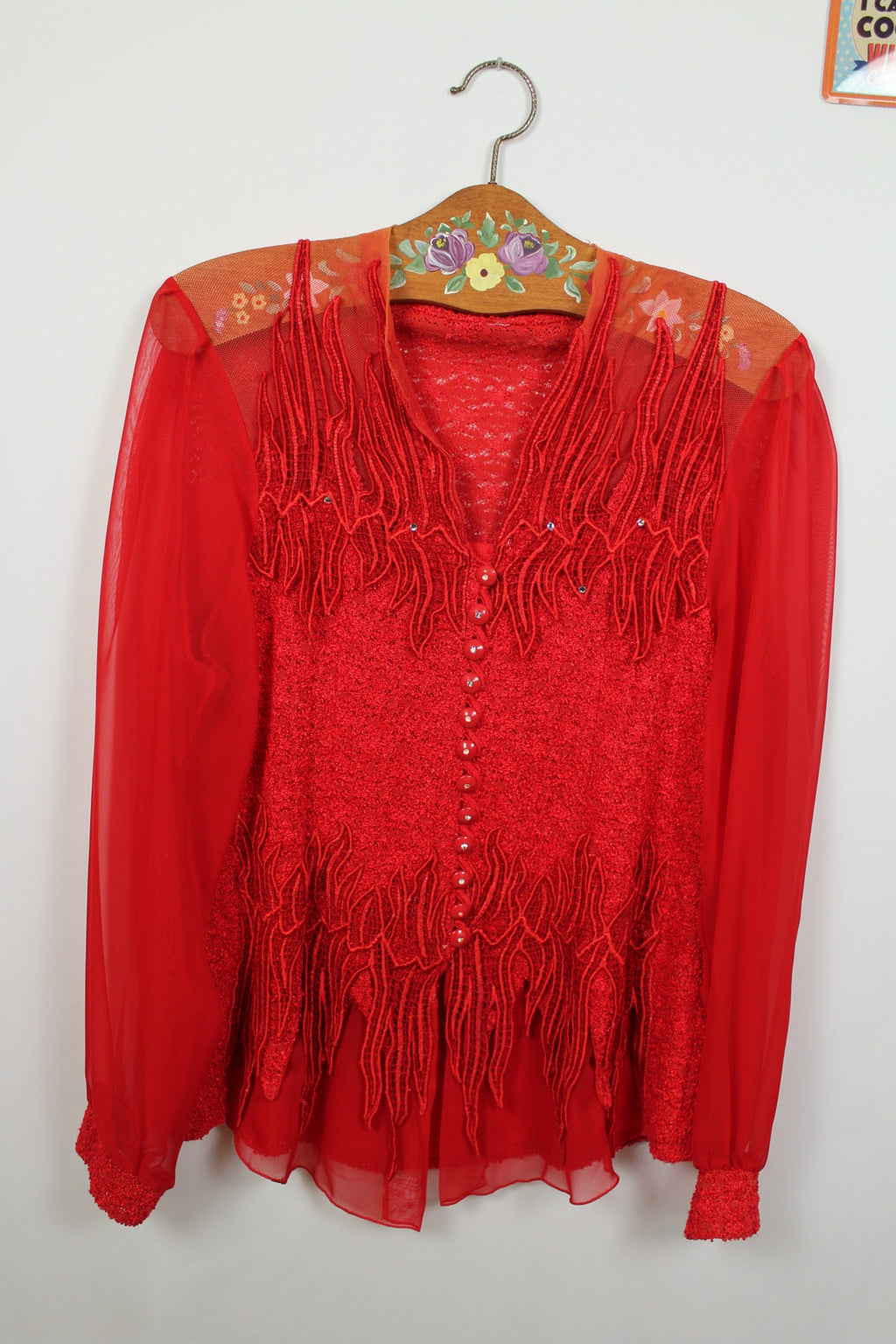 🎄Blouse rouge festive vintage 90's - dentelle, strass & manches transparentes - Look Noël glamour🎄