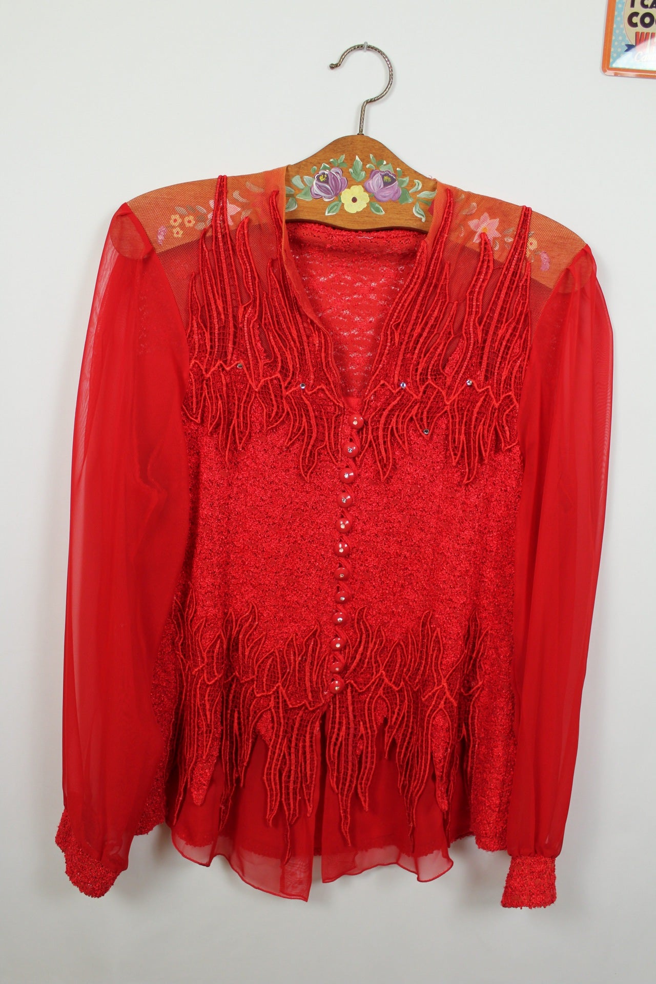 🎄Blouse rouge festive vintage 90's - dentelle, strass & manches transparentes - Look Noël glamour🎄