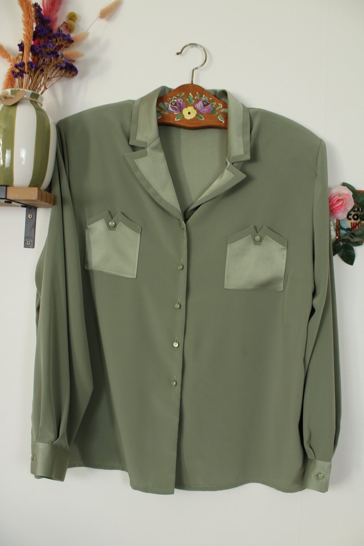 Chemise vintage années 80/90 vert sauge satinée - chic made in France - Taille 46/48