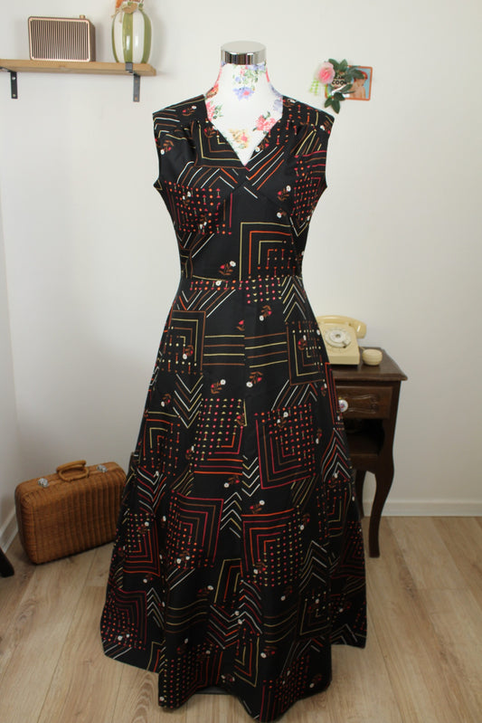 🌸🍒Robe longue vintage années 80/90 petites fleurs et formes géométriques ultra colorées - Taille 38/petit 40🍒🌸