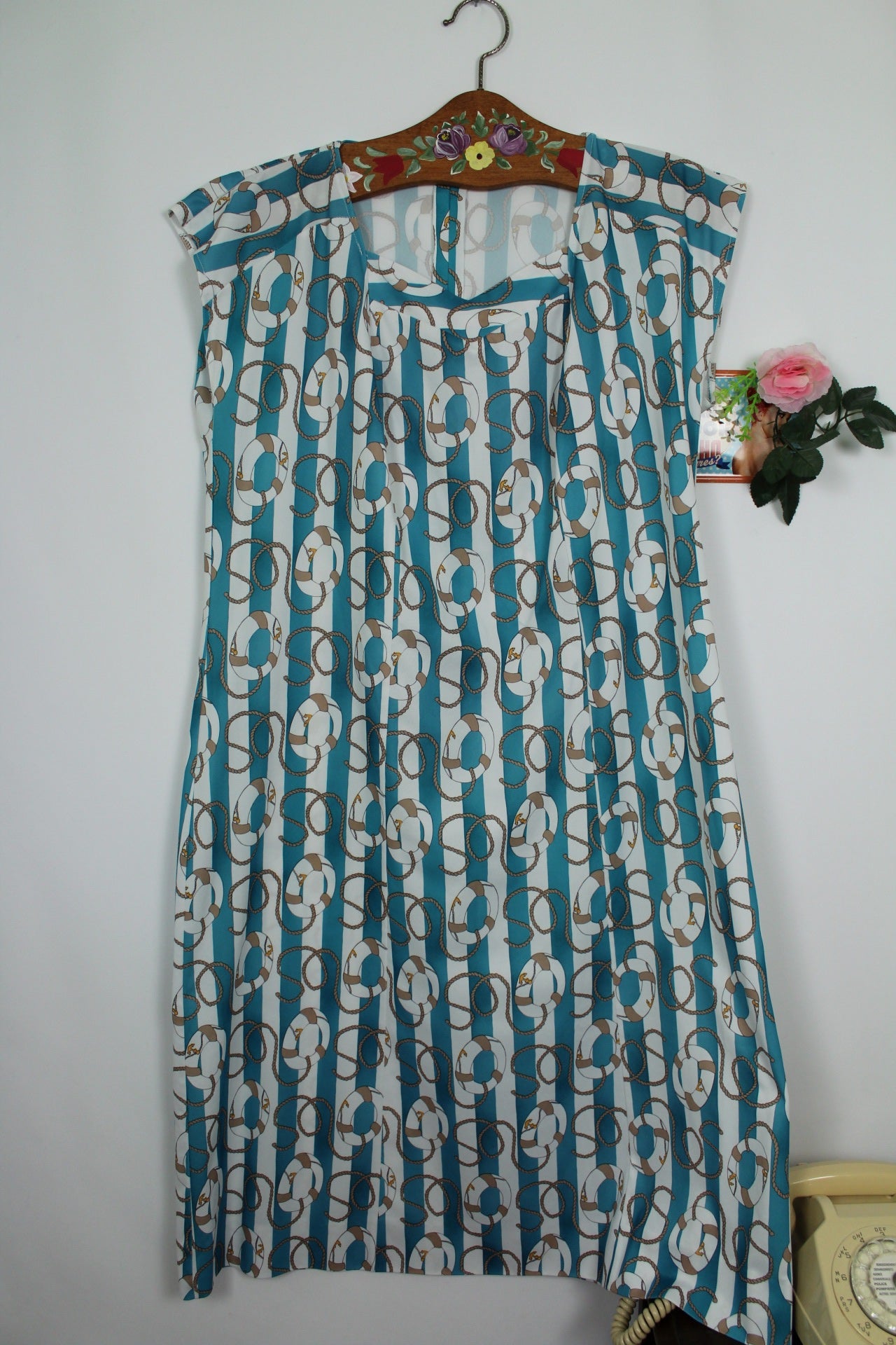🌸🍒Robe vintage 80's Navy rayures turquoises & motifs nautiques - Taille 38 à 42🍒🌸