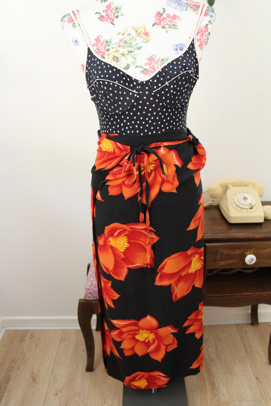 🌸🍒Paréo vintage 90's noir & fleurs de lotus XXL 🍒🌸