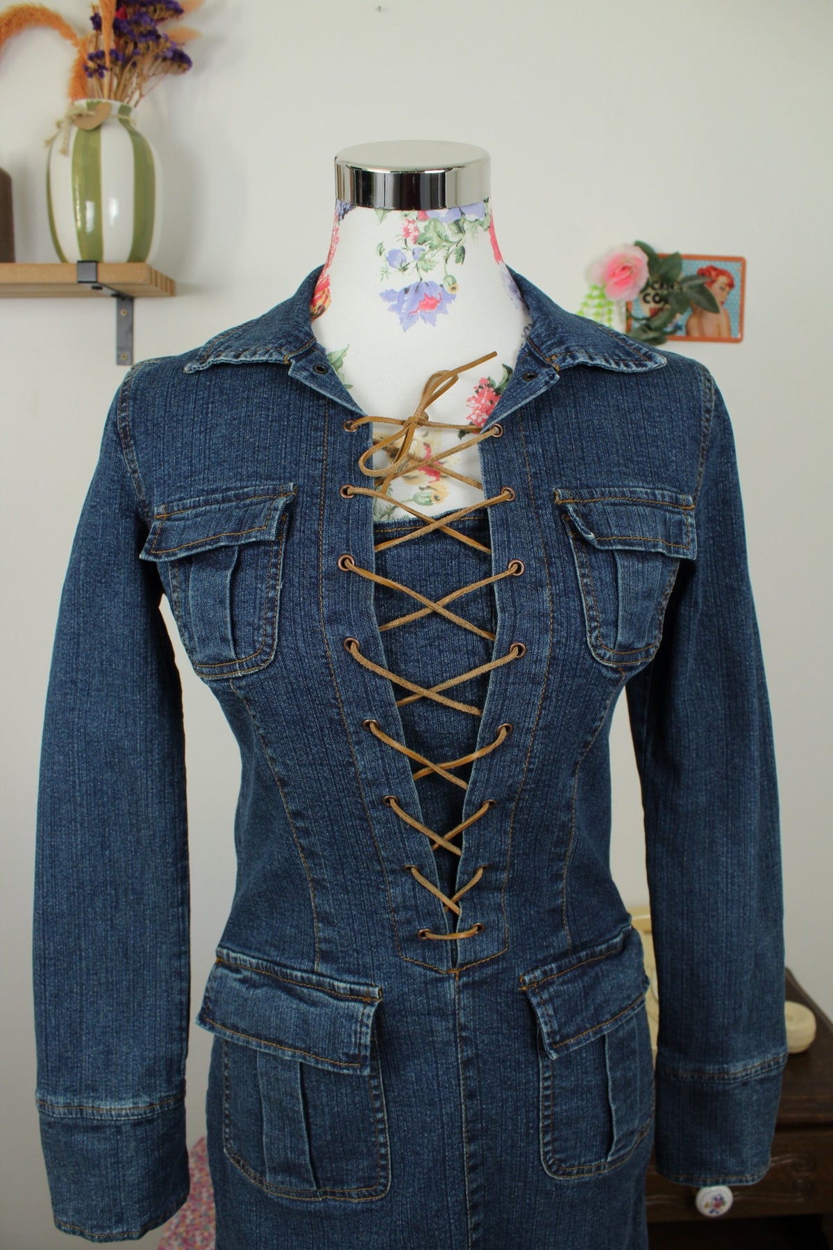 Robe vintage années 90 en jean & laçage marron - Taille 36
