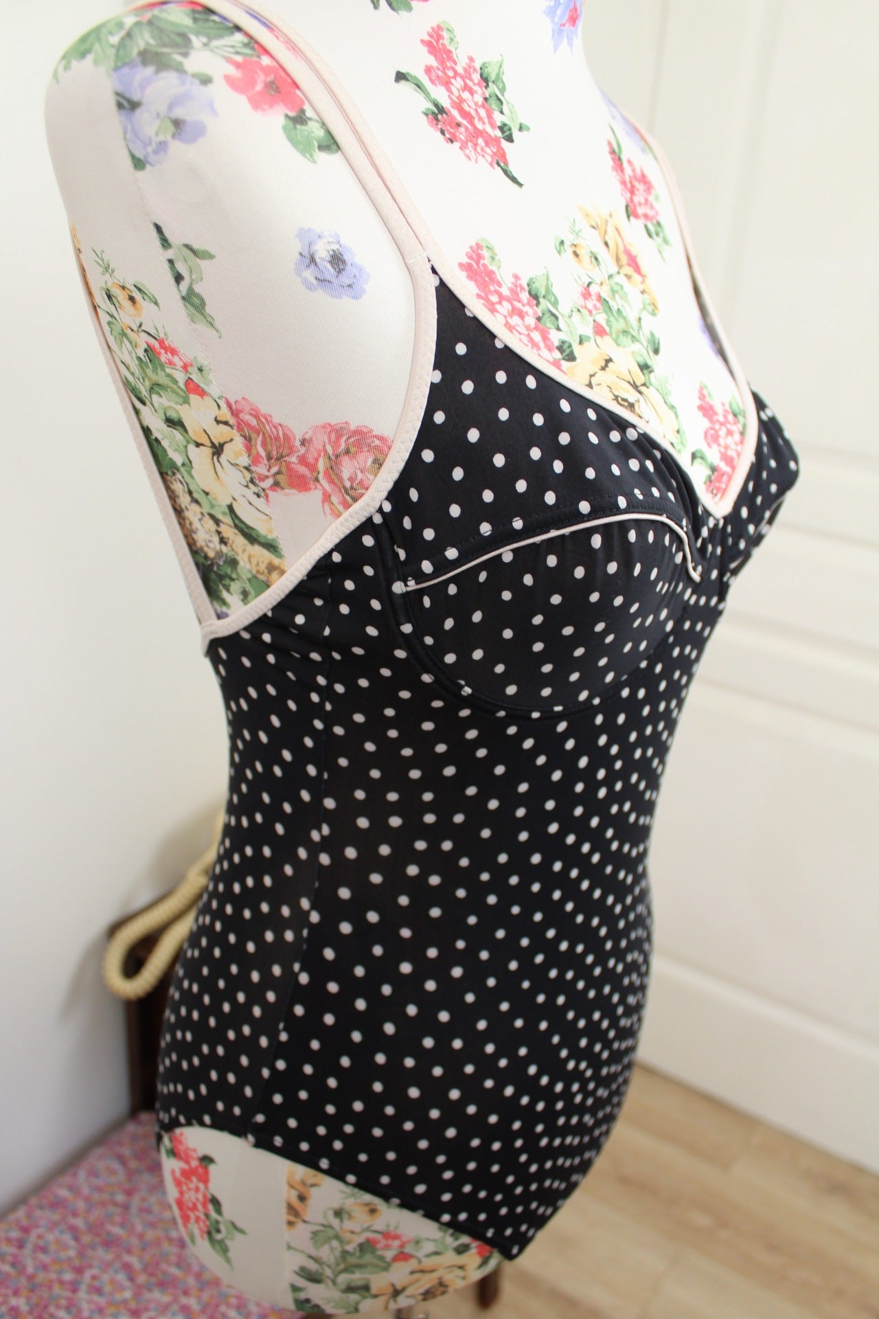 🌸🍒Maillot de bain vintage 80/90's noir & pois style pin-up - Taille 36🍒🌸