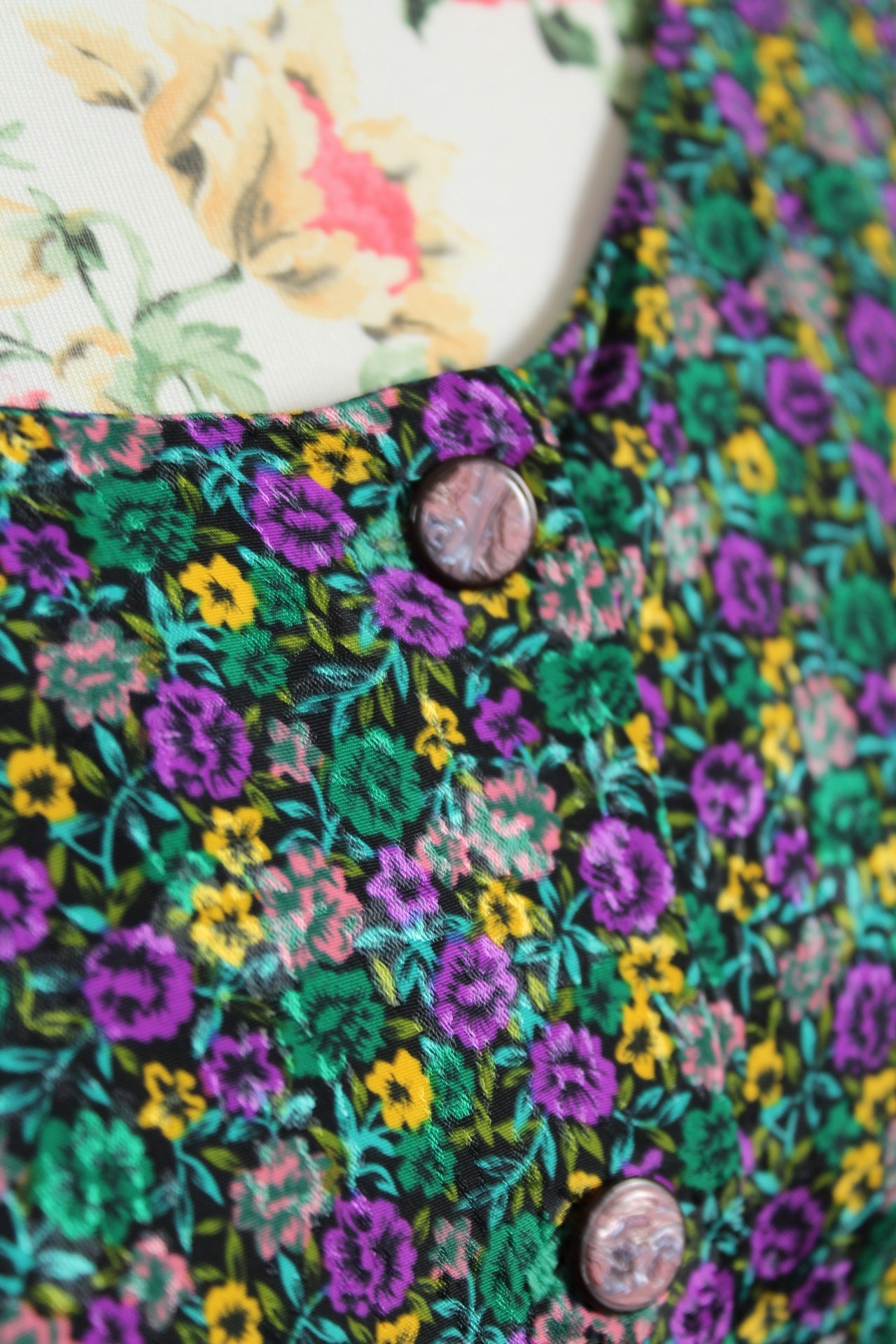 🌸🍒Blouse vintage 80/90s fait main fleurie - manches bouffantes & boutons nacrés - Taille 46/48🍒🌸