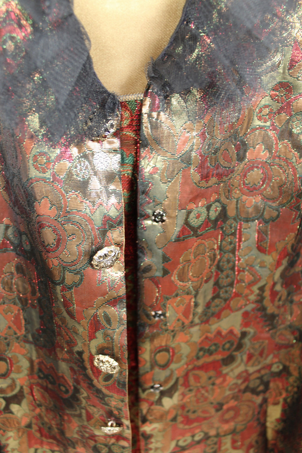 ✨Gilet brocart vintage 70's doré motifs baroques & col volanté tulle noir ✨