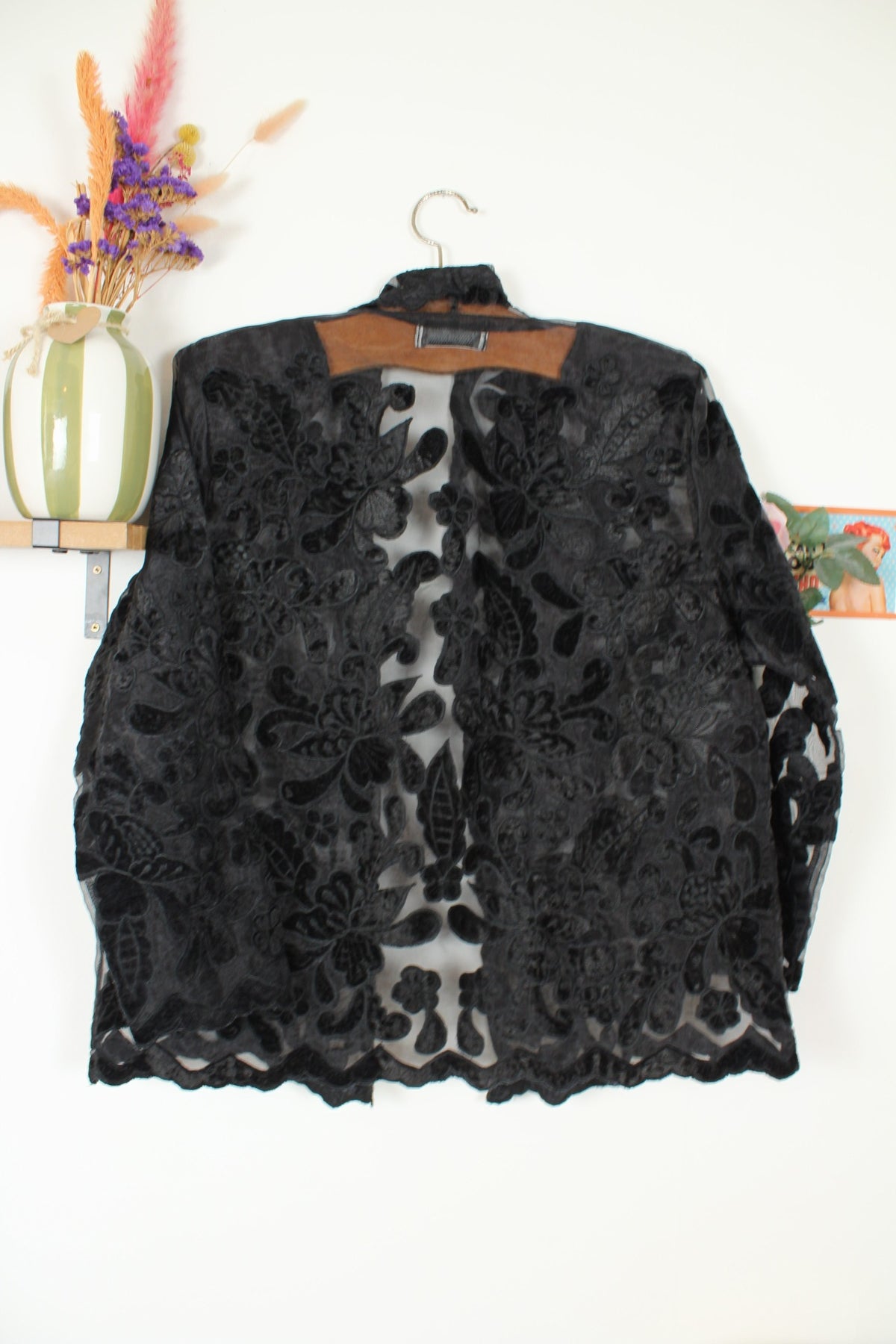 Cardigan noir transparent vintage années 80 dentelle fleurie baroque dark romantique gothique - Taille 42/44