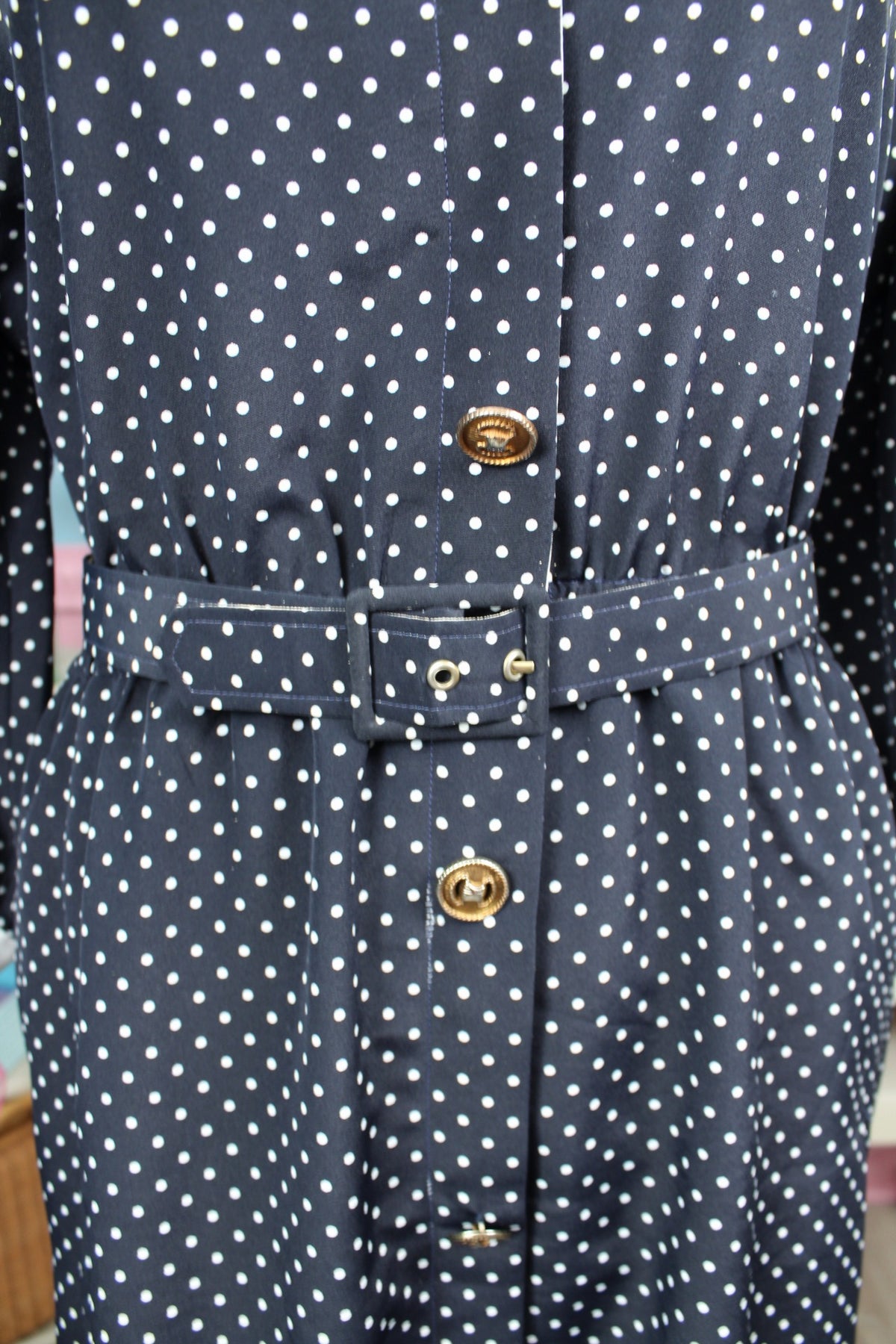 Robe années 80 bleu marine à pois pin-up Navy preppy vintage - Taille 40/42
