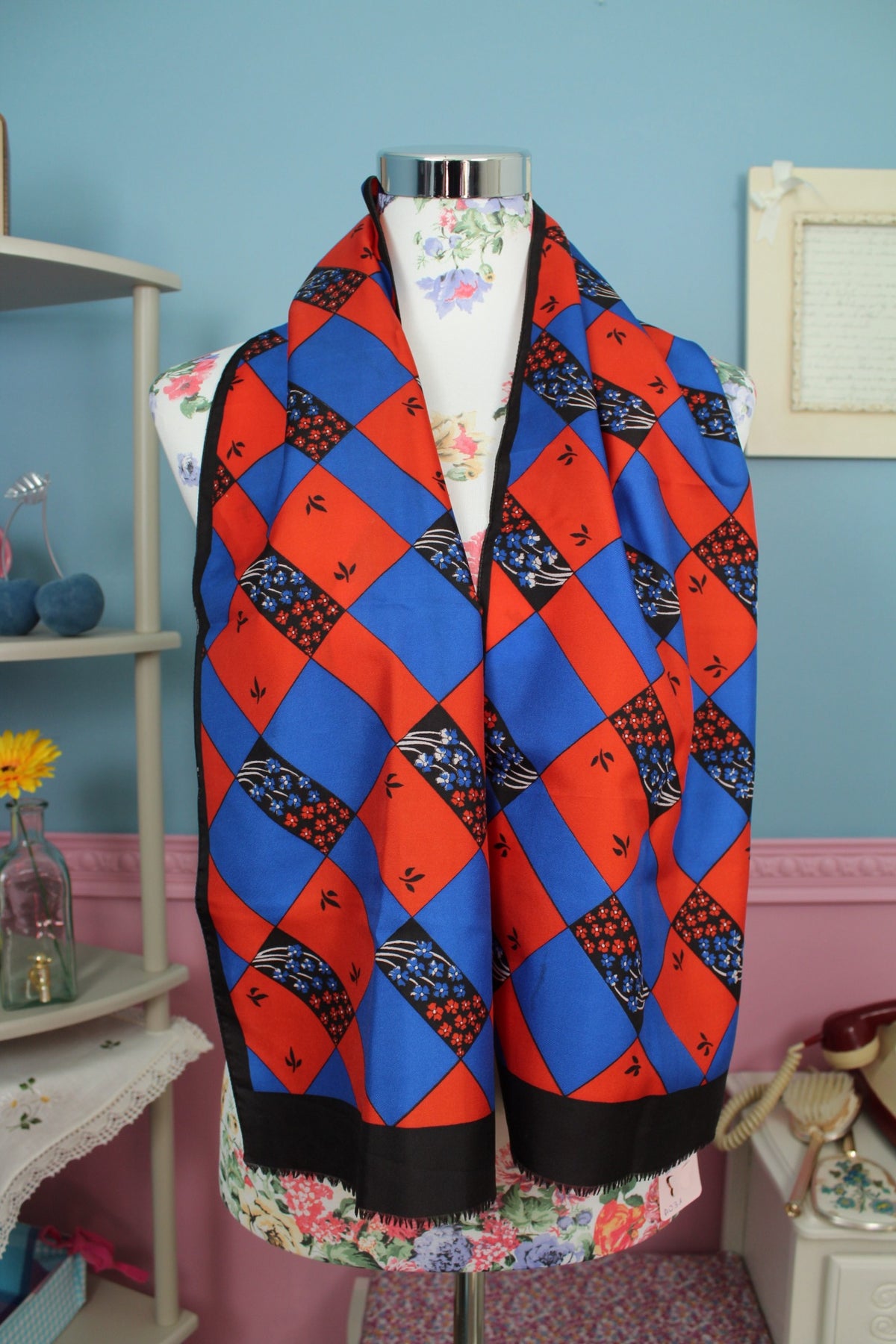 Foulard vintage années 70 carreaux bleus & rouges pep's fleuris