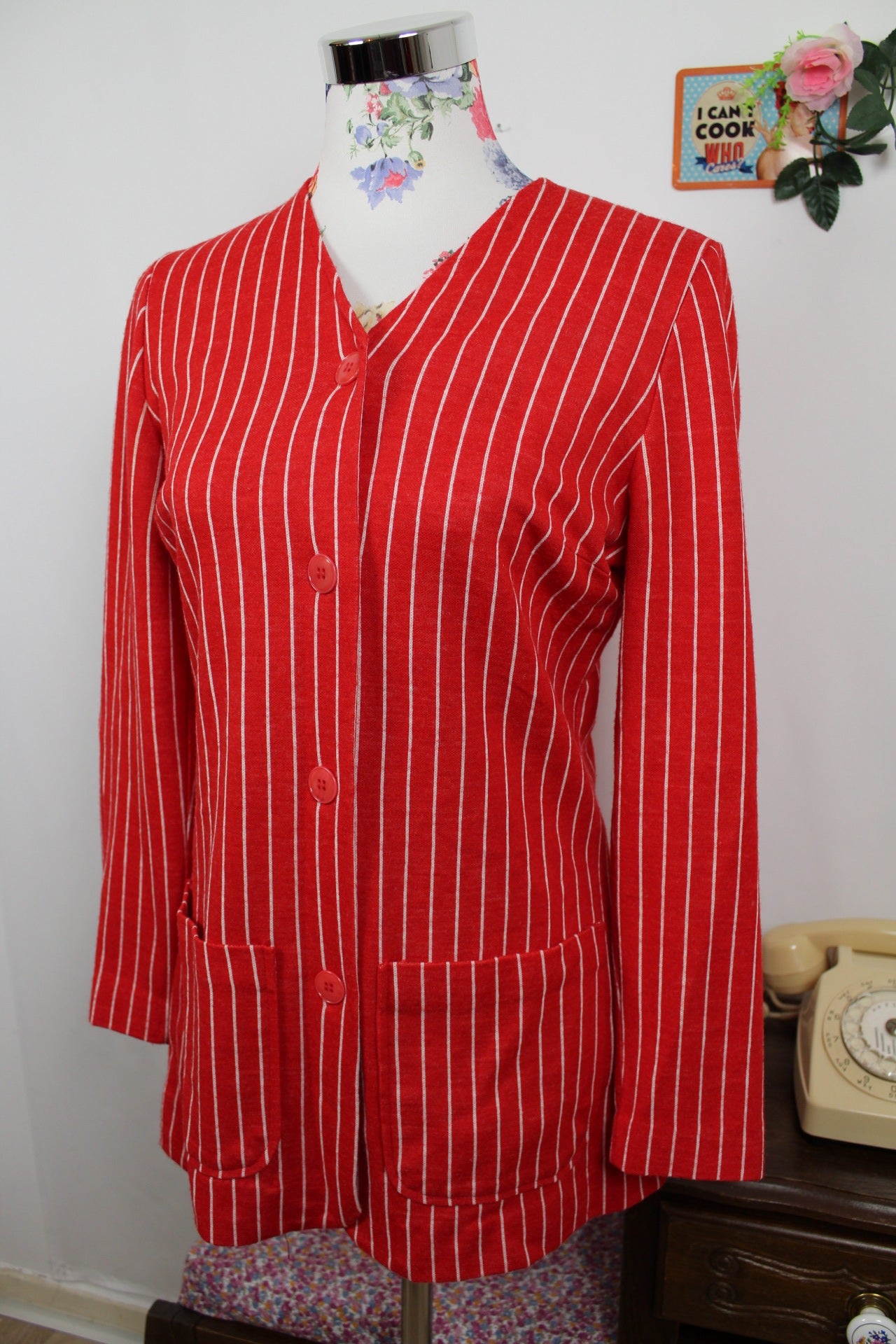 🍒🌸Cardigan romantique vintage rayé rouge années 80 - Taille 36🌸🍒