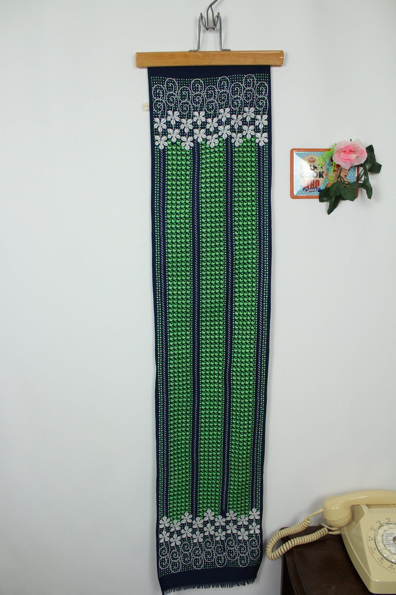 🌸🍒Foulard rectangulaire vintage 70's marine & vert floral🍒🌸