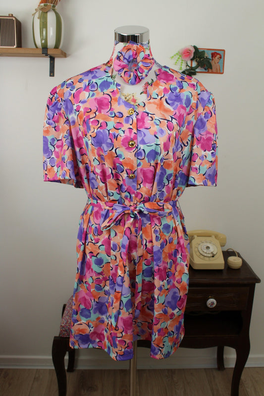 🌸🍒Robe vintage 80's fleurs abstraites pastel + chouchou assorti - summer vibes - Taille 42 à 46🍒🌸