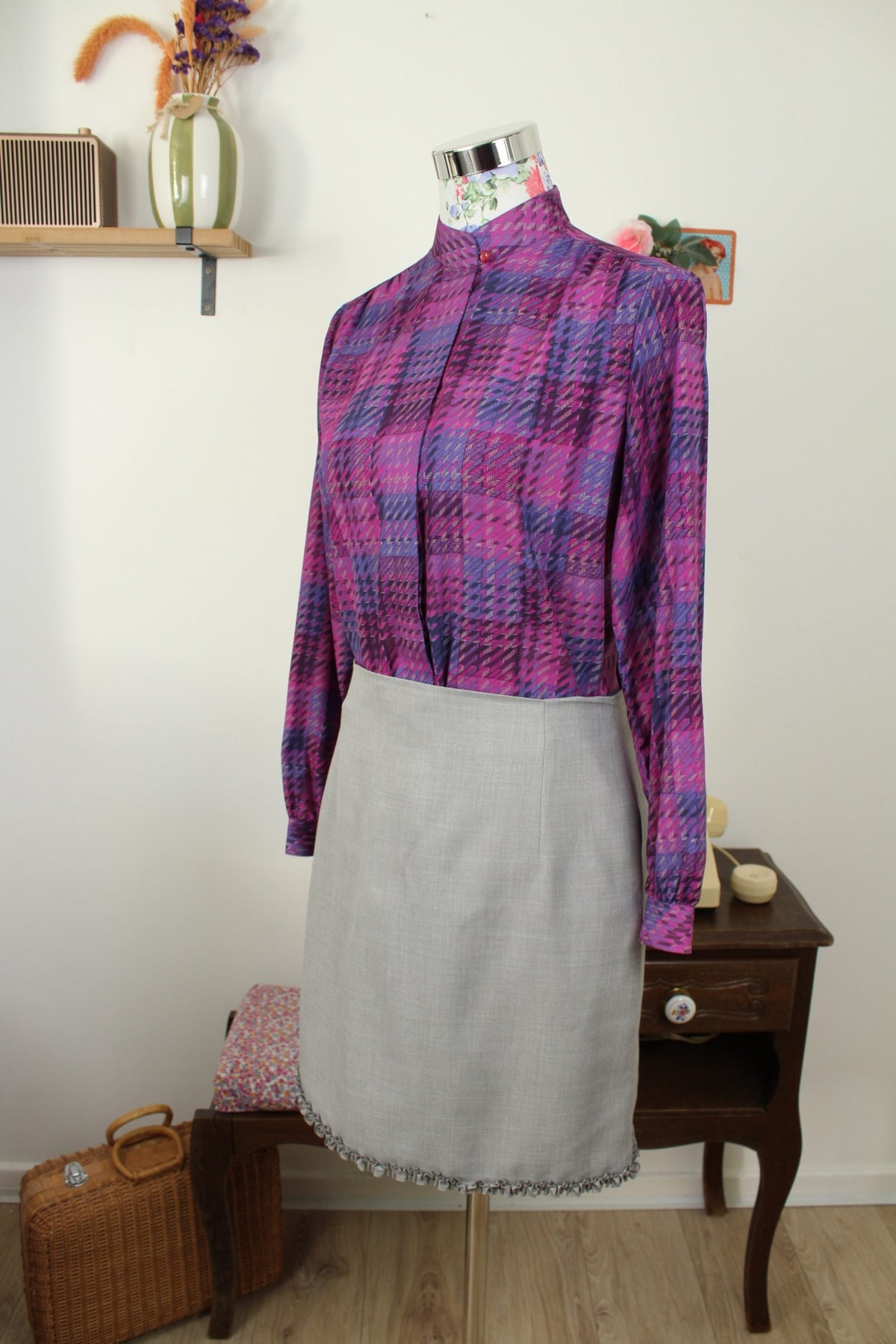 Chemise vintage années 80 violet à carreaux tartan col officier - Taille 38