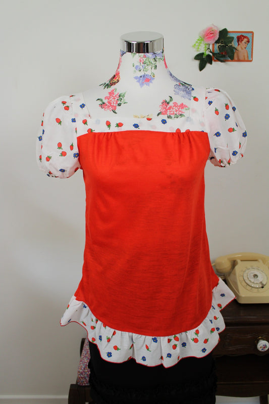 🌸🍒Blouse vintage 70's romantique fraises & fleurs style cottagecore/pin-up - Taille 36/38🍒🌸