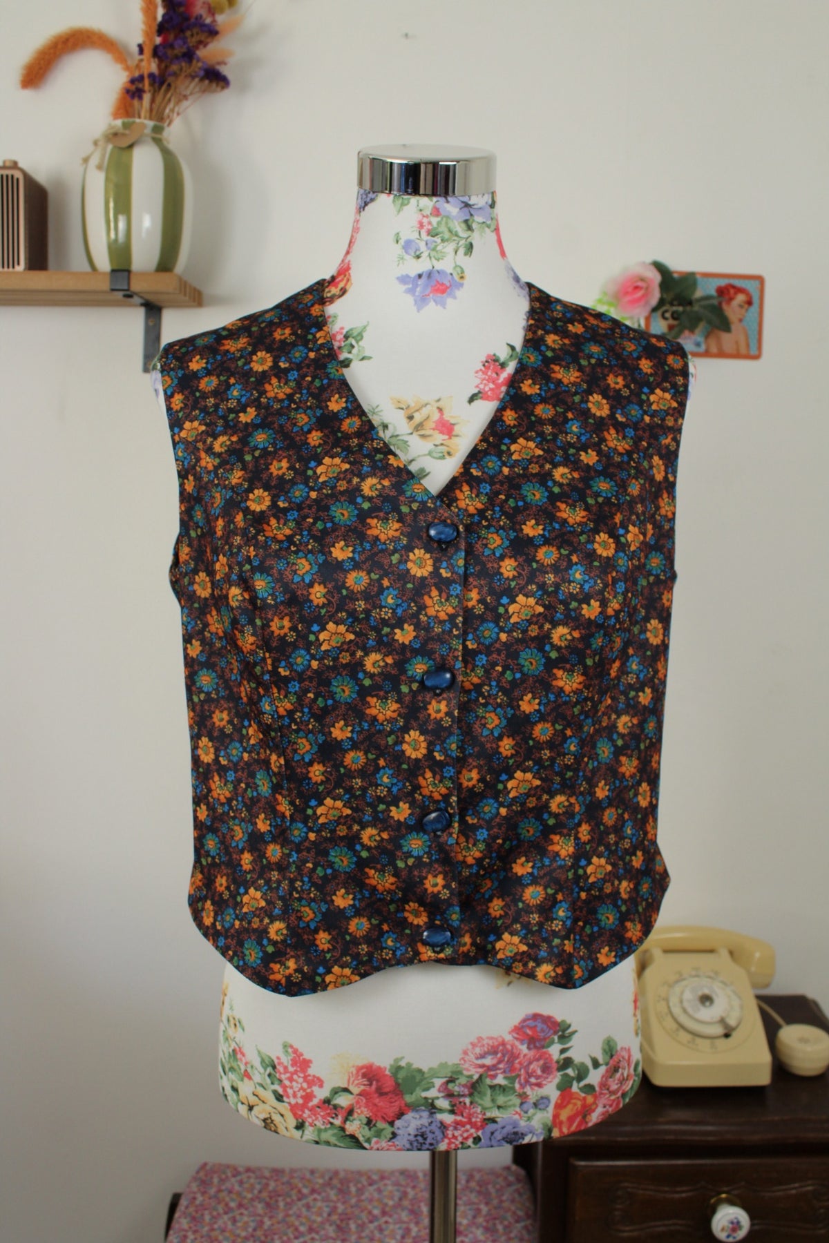Gilet vintage années 70 esprit tapisserie vintage flower power automnal - Taille 40/42