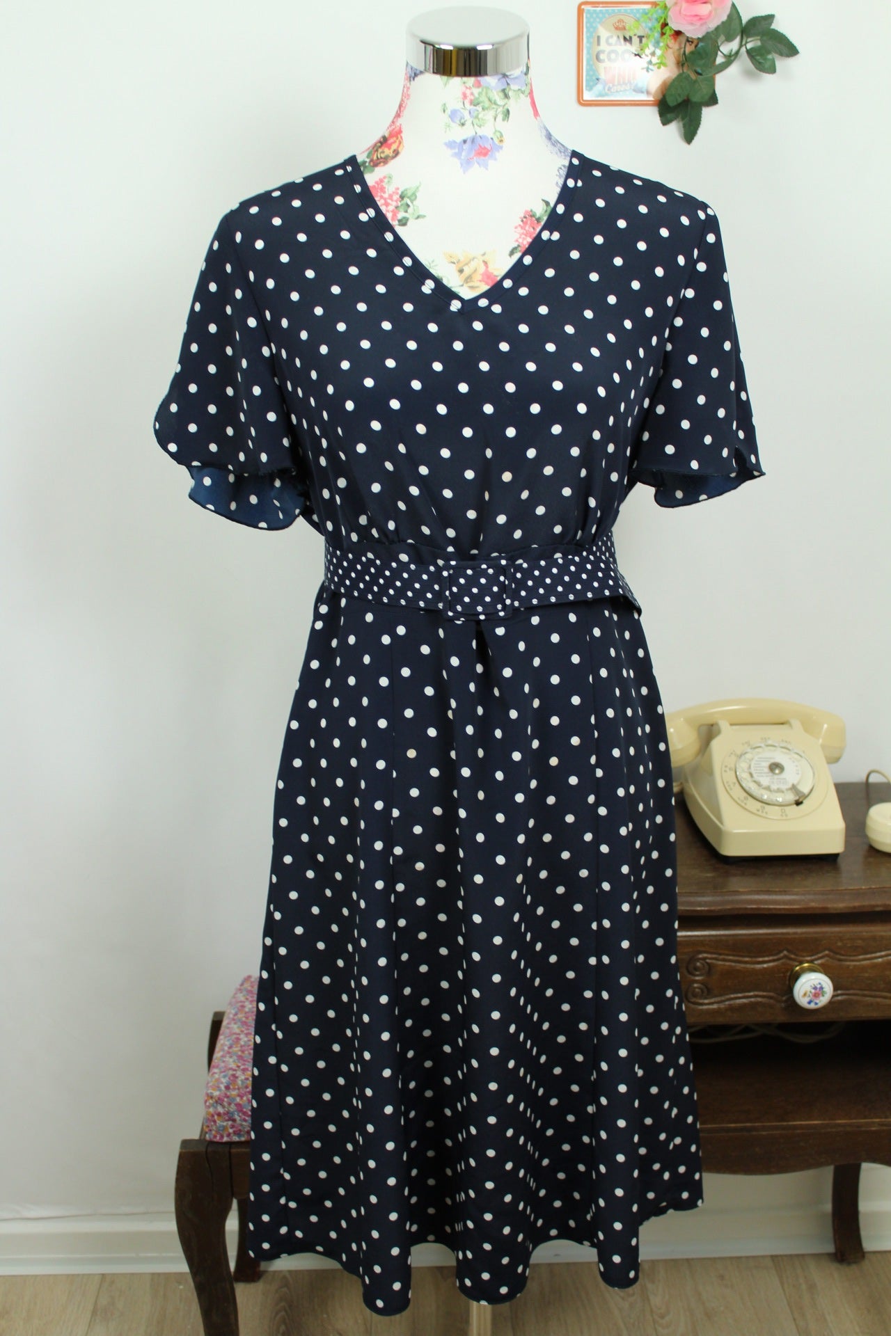 🌸🍒Robe vintage 80/90's marine à pois style pin-up/rockabilly - Taille 40🍒🌸