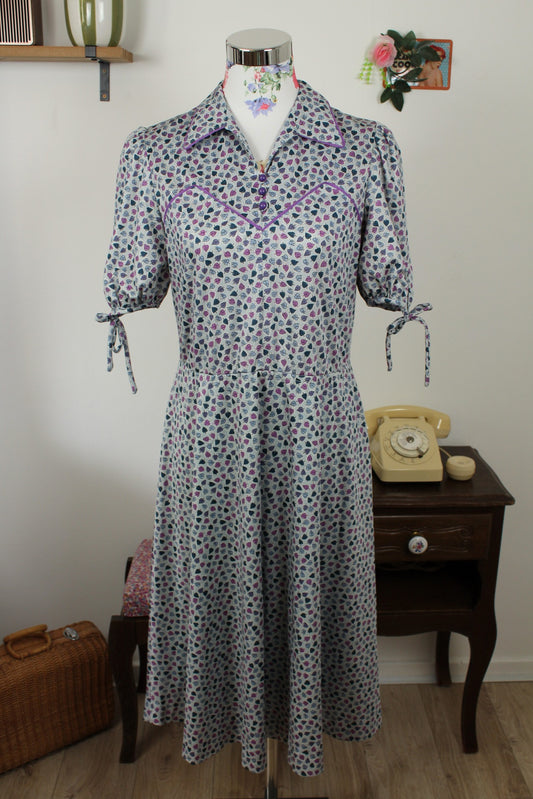 🌸🍒Robe vintage années 70 pin-up/rockabilly bleu ciel imprimé de petites feuilles - Taille 38🍒🌸