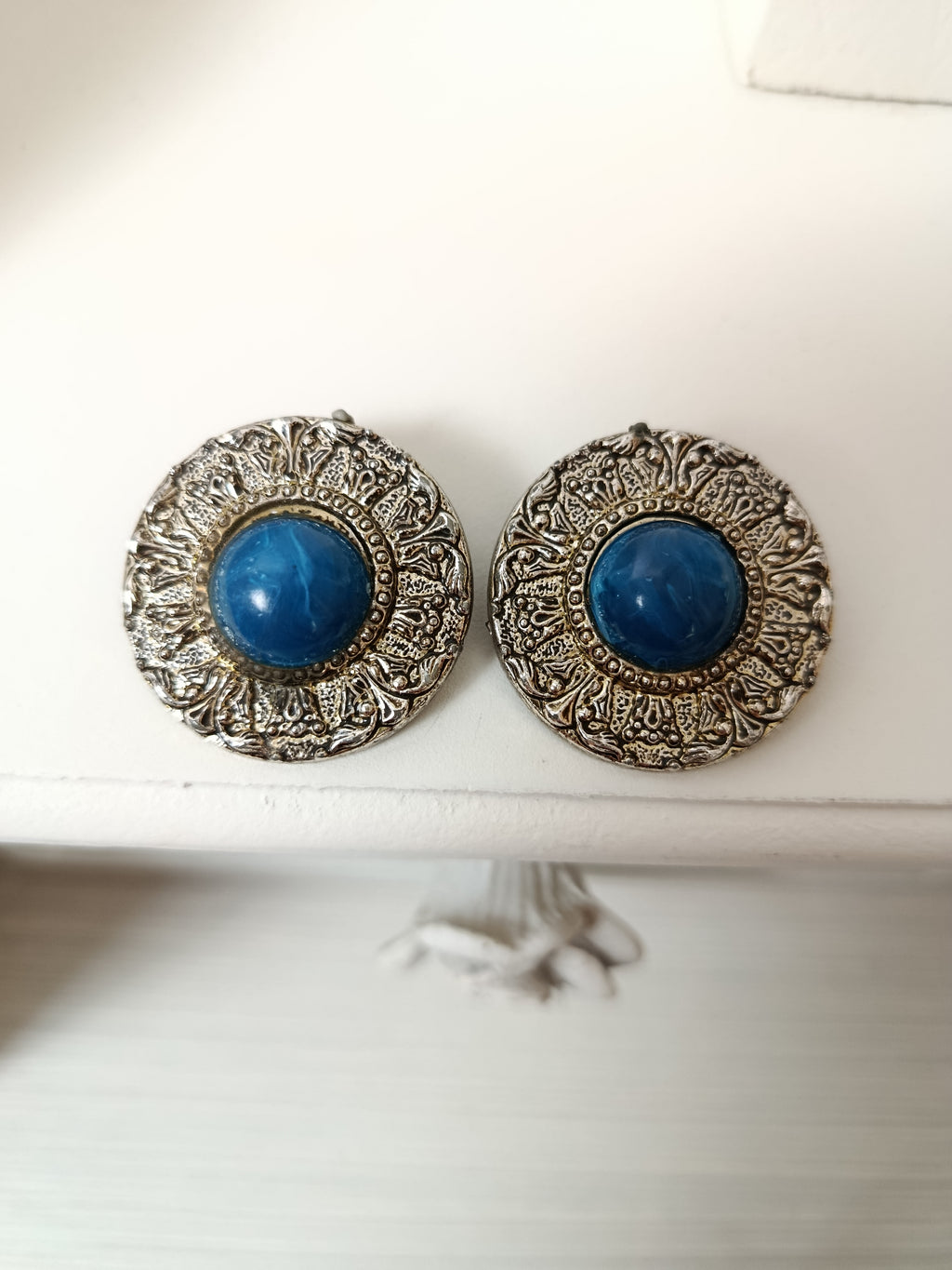 🌸Boucles d'oreilles vintage clips argentés 80's - cabochon bleu marbré🍒