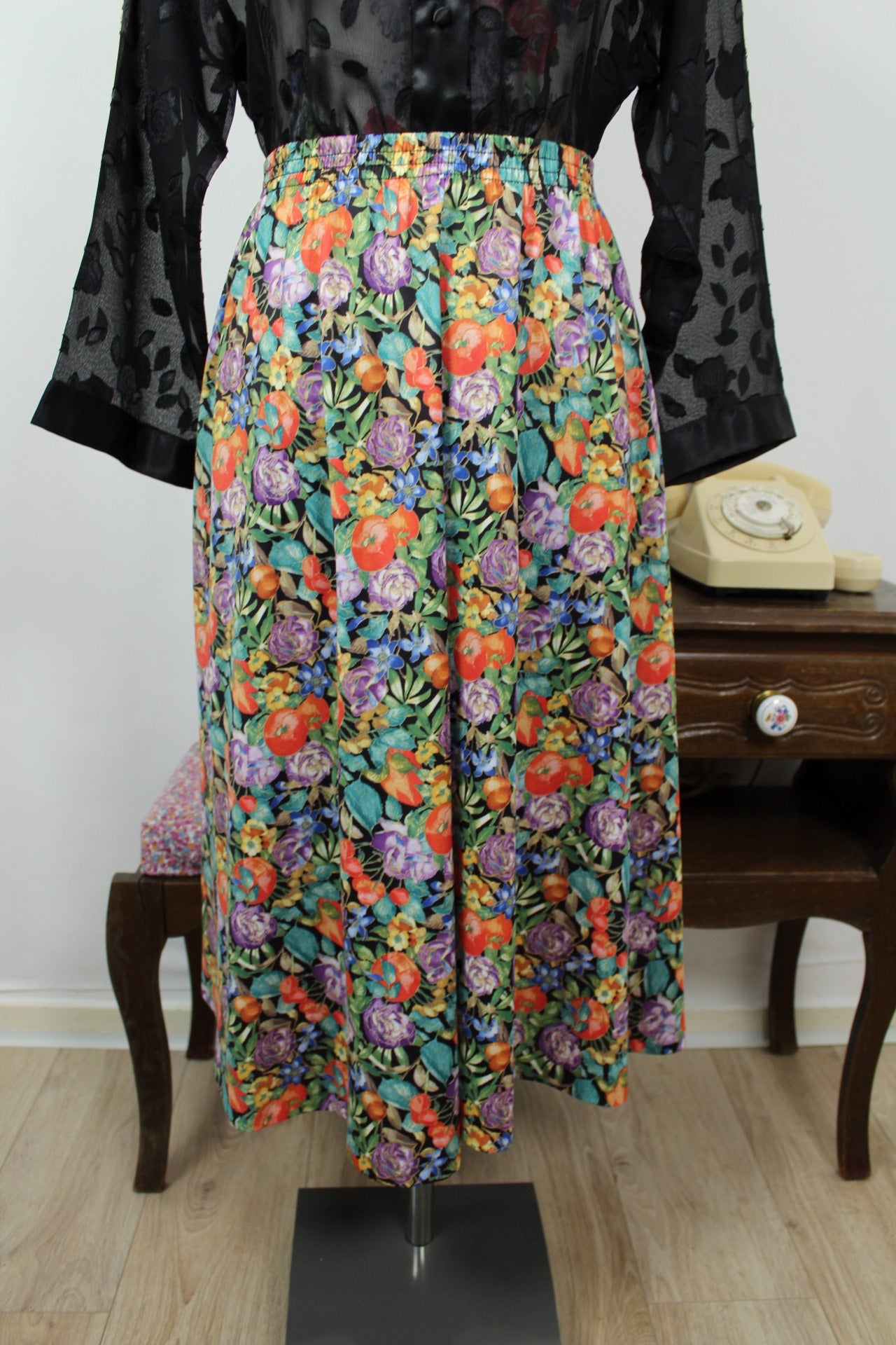 🌸🍒Jupe plissée vintage 80's fleurs & fruits Damart - Taille 44 à 48🍒🌸