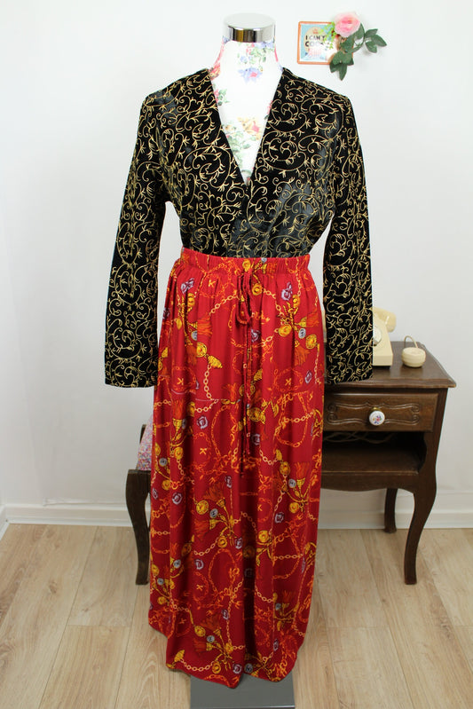 🍒🌸Jupe longue vintage 80/90s imprimée chaînes et médaillons - Taille 38 à 42🌸🍒