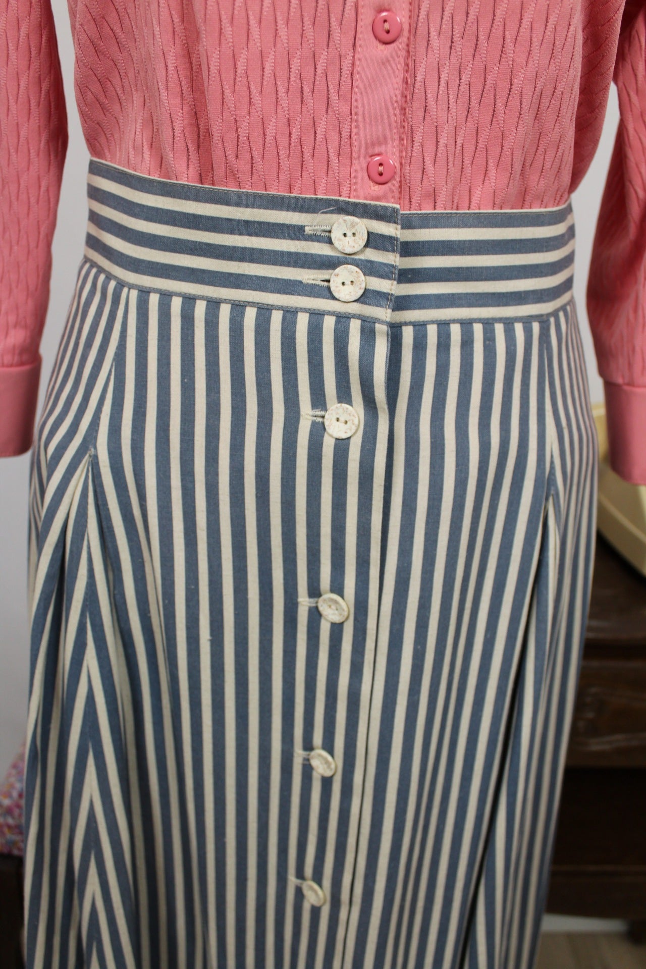 🍒🌸Jupe midi vintage 90's esprit marin à rayures en lin - Taille 42🌸🍒