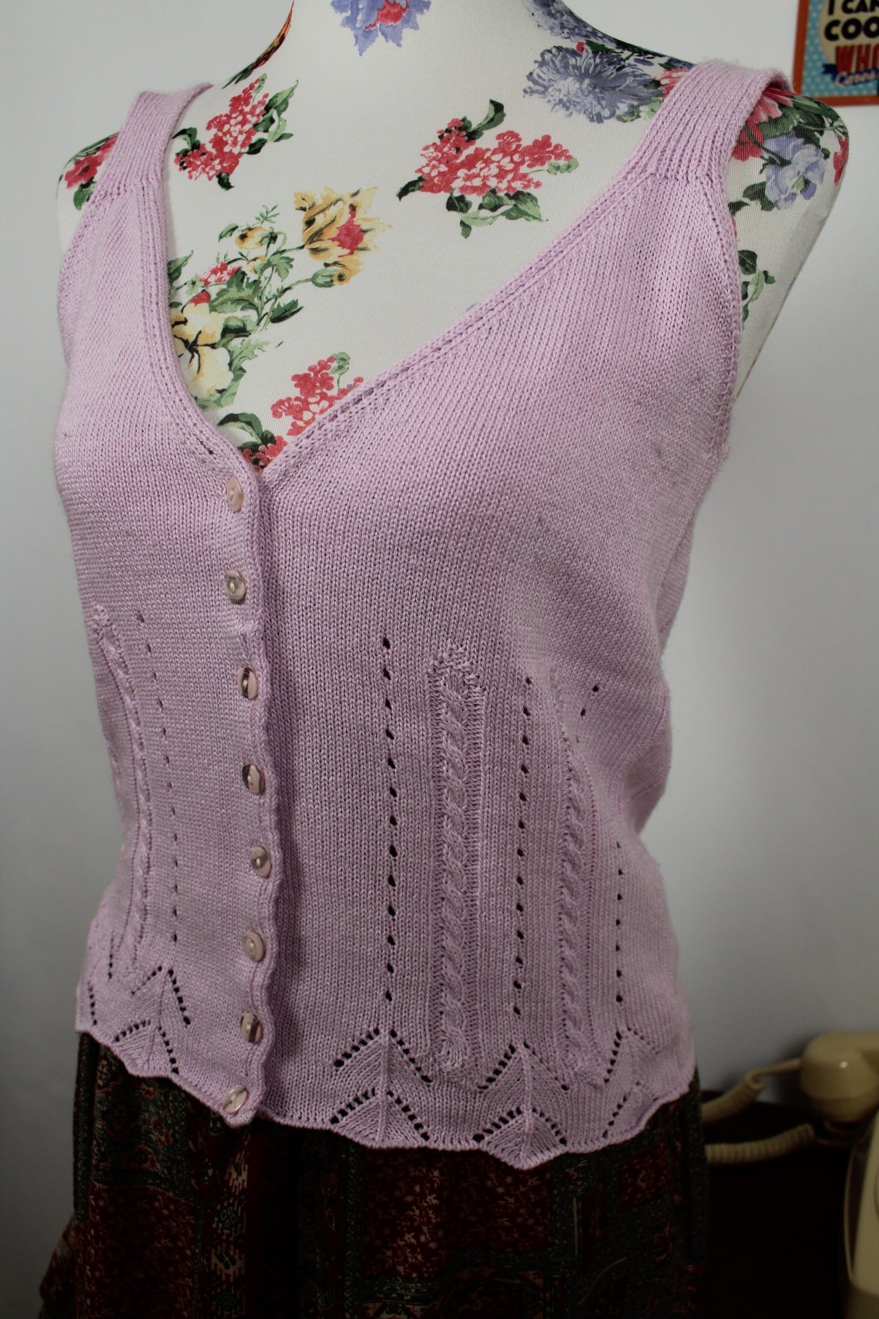 🌸🍒Débardeur en mailles ajourées vintage 90s/2000s lila boutonné esprit bohème - Taille 36 petit 38🍒🌸