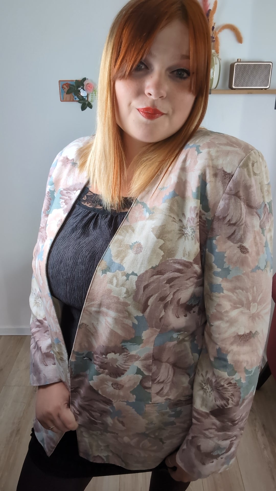 Veste vintage années 90 fleurs pastel esprit tapisserie romantique en lin & coton - Taille 44