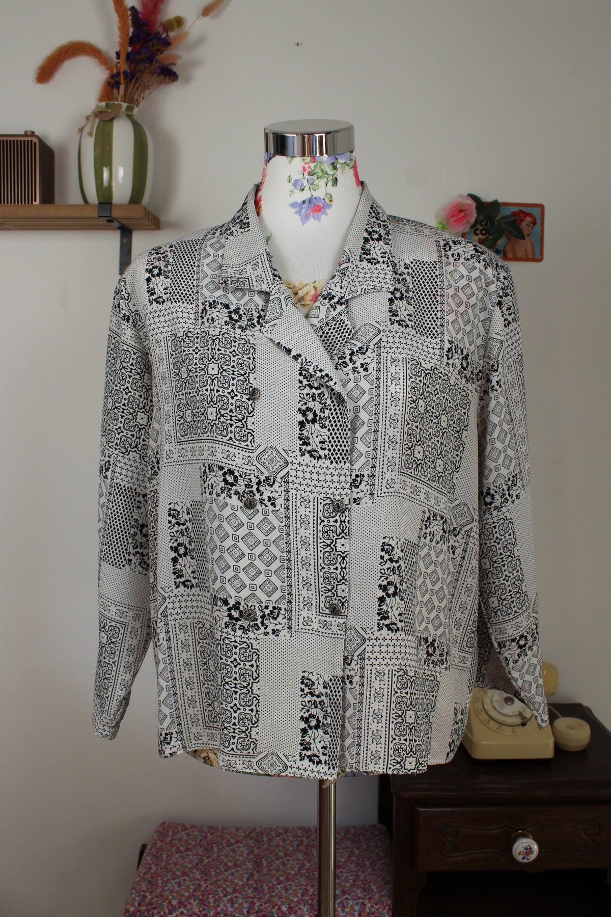 Chemise preppy vintage années 80 pois, fleurs & paisley - Taille 42/44