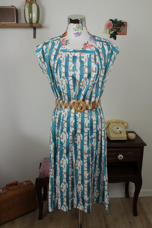 🌸🍒Robe vintage années 80 Navy rayures turquoises & motifs nautiques - Taille 38 à 42🍒🌸