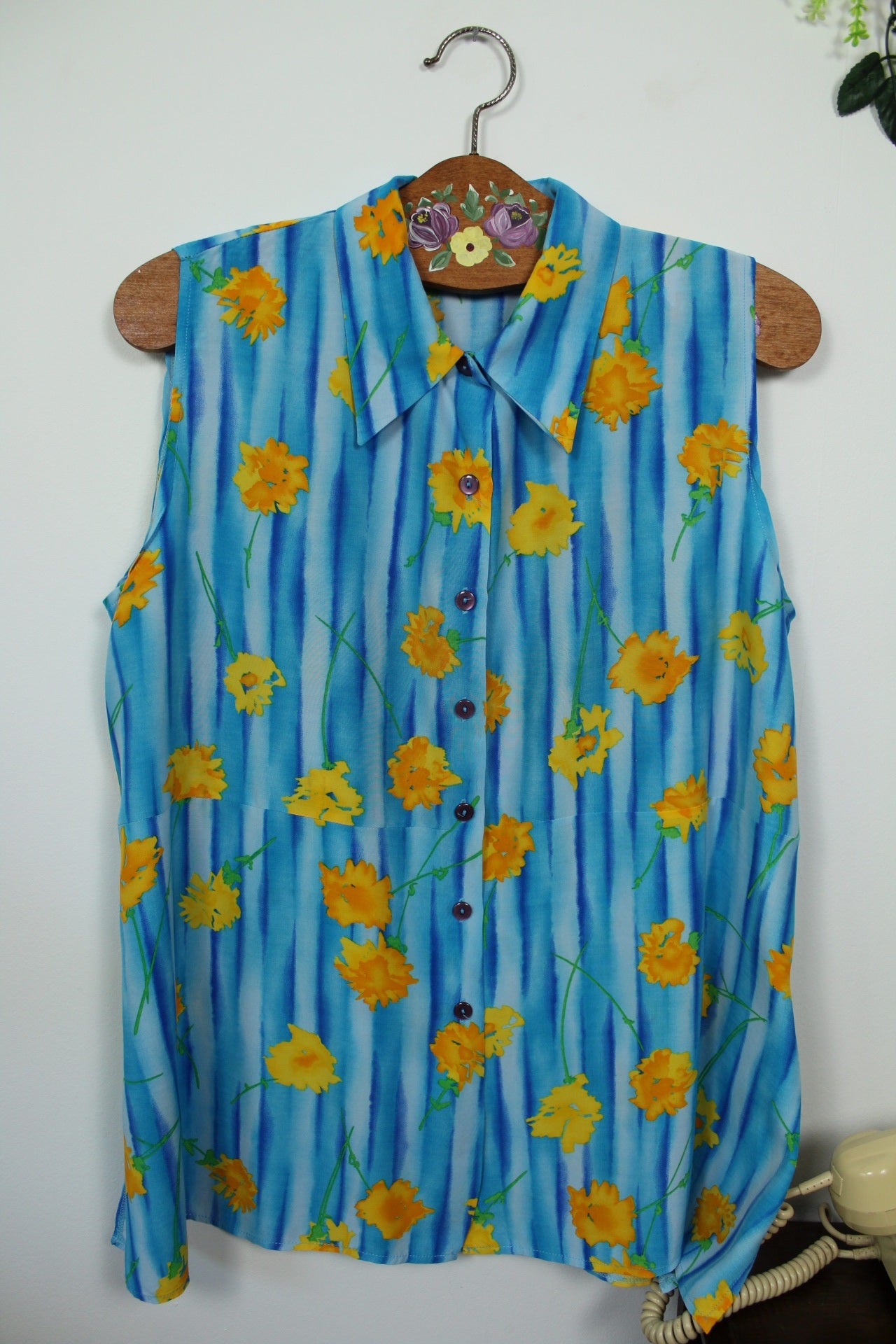 🌸🍒Chemisier d'été vintage 90's sans manches bleu & fleurs jaunes pep's - Taille 44🍒🌸