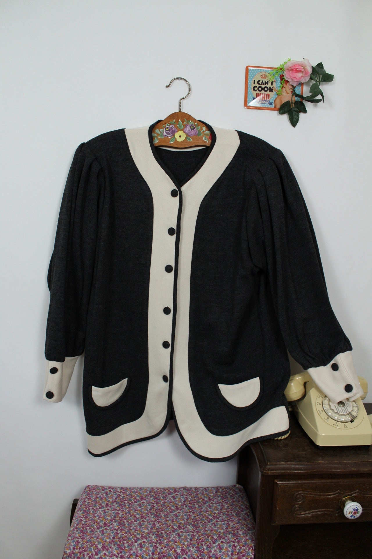 🌸🍒Cardigan vintage années 80 gris & crème - made in France - Taille 44/46🍒🌸